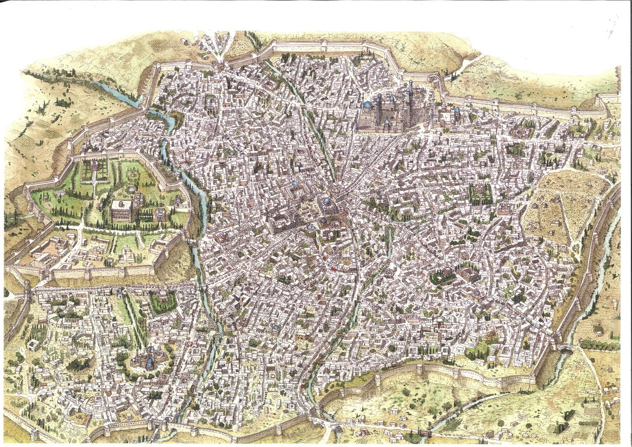 Mittelalter: Detaillierte Luftansicht der Stadt Samarkand von Giorgio Albertini