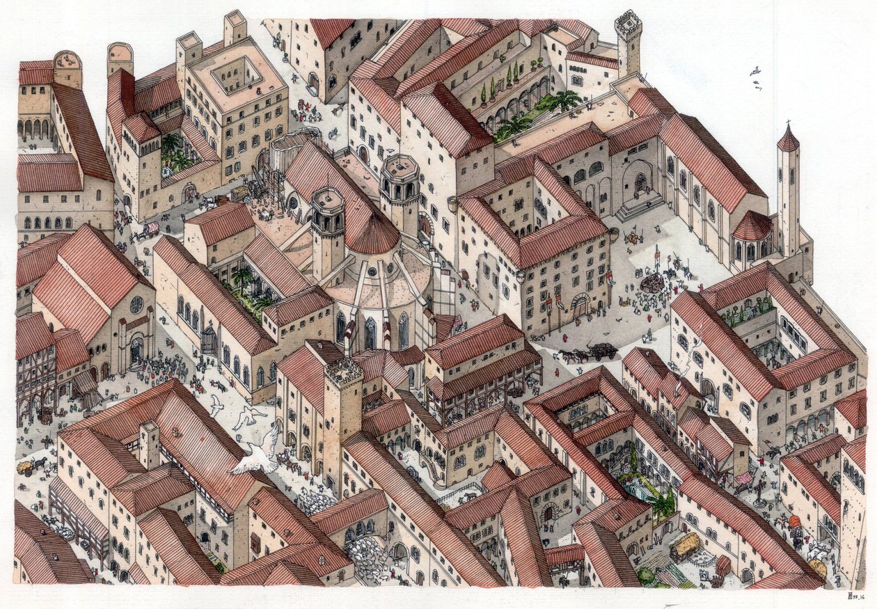 Mittelalter: Rekonstruktion des historischen Barri Gotic Viertels in Barcelona im 14. Jahrhundert. Die Kathedrale Sainte-Eulalie ist sichtbar. Spanien Illustration von Giorgio Albertini von Giorgio Albertini