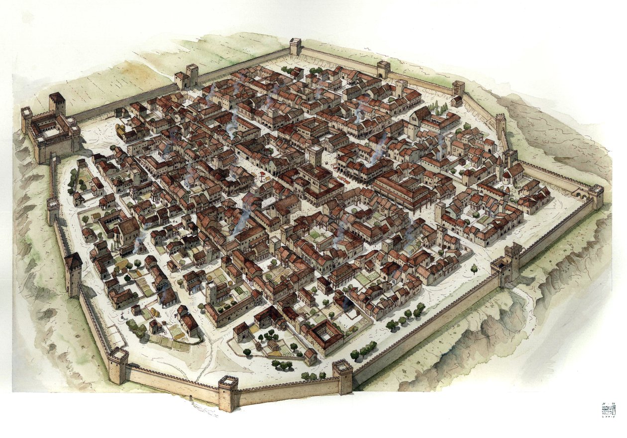 Rekonstruktion der befestigten Stadt Cherasco zur Zeit ihrer Gründung im 13. Jahrhundert, Italien von Giorgio Albertini
