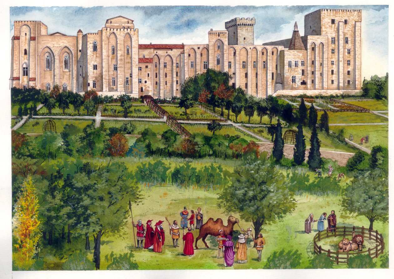 Mittelalter: Blick auf den Papstpalast in Avignon, als er Residenz der Päpste war. Im Garten spazieren Mitglieder der Kurie, um exotische Tiere zu bewundern (Kamel, Löwen) 14. Jahrhundert. von Giorgio Albertini