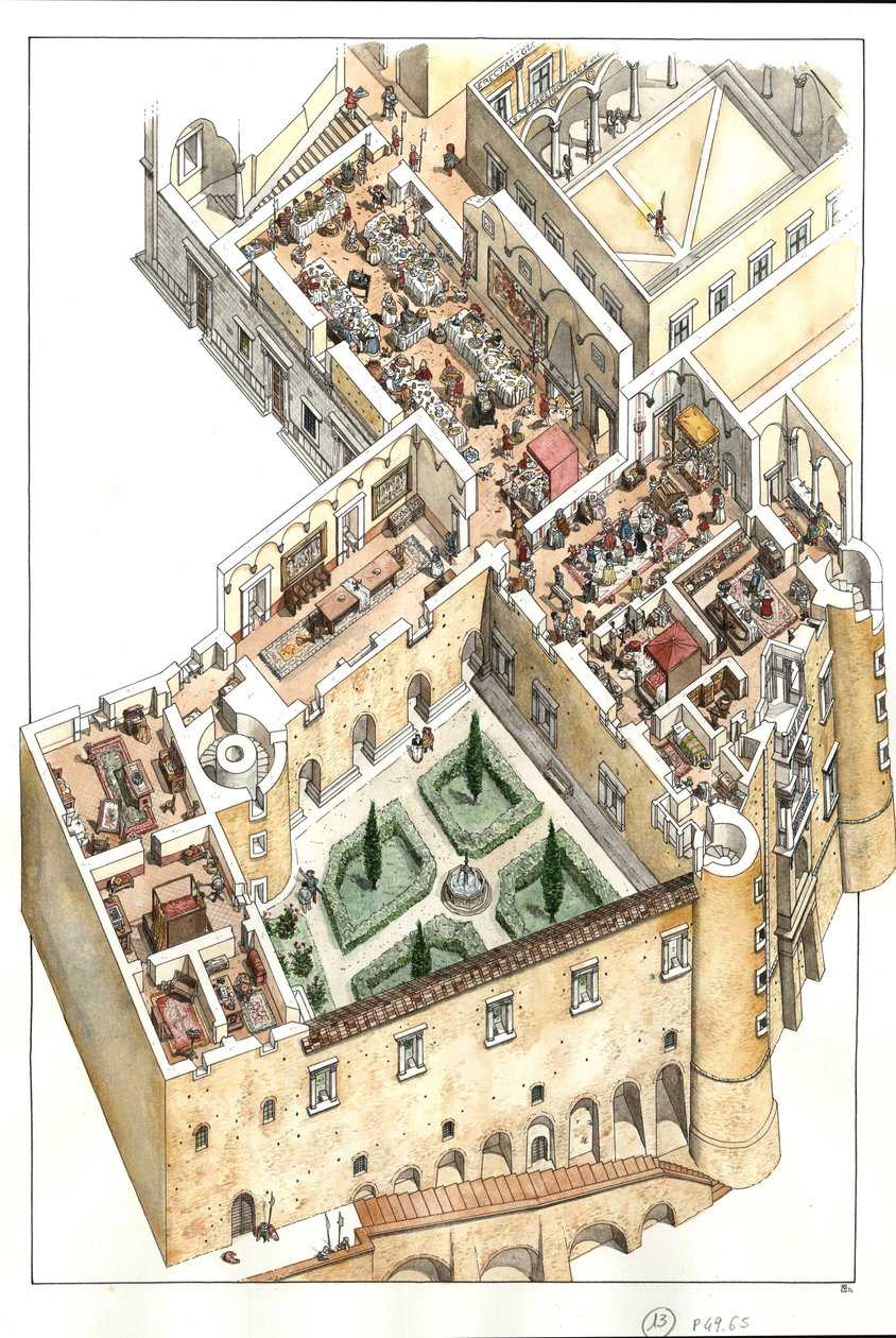 Rekonstruktion des Adelsgeschosses des Herzogspalastes von Urbino, Italien. Erbaut von Herzog Federico da Montefeltro im 15. Jahrhundert. von Giorgio Albertini