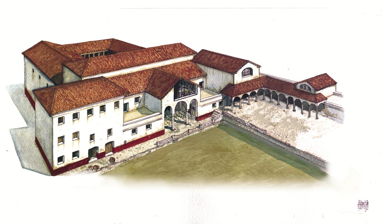 Römische Antike: Rekonstruktion des Geländes der Domus der Marine Porte in Ostia Antica im 4. Jahrhundert, Italien von Giorgio Albertini