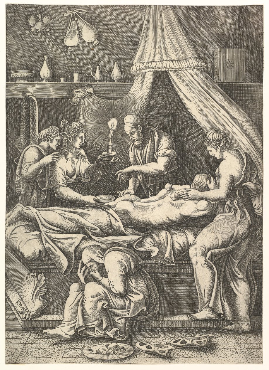 Eine Allegorie der Krankheit, Mann liegt ausgestreckt auf einem Bett, umgeben von Figuren von Giorgio Ghisi