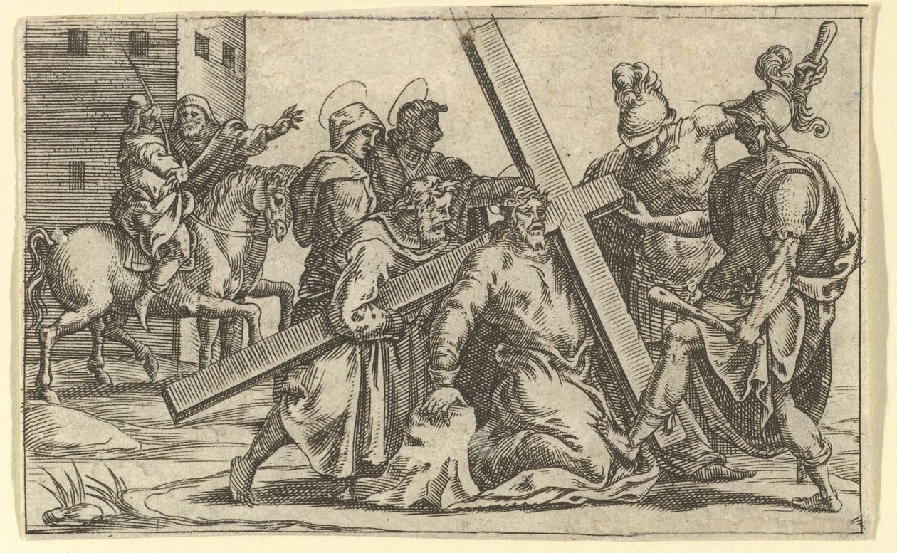 Die Jungfrau der Schmerzen: Christus trägt das Kreuz, eines von neun umliegenden Fächern..., vor 1575 von Giorgio Ghisi