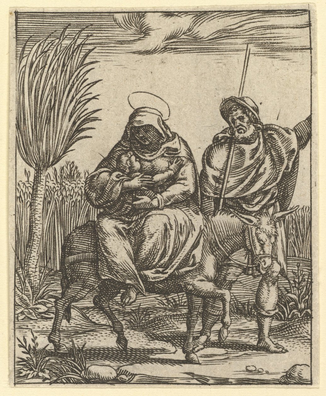 Die Jungfrau der Schmerzen: Die Flucht nach Ägypten, eines von neun umliegenden Fächern, vor 1575 von Giorgio Ghisi