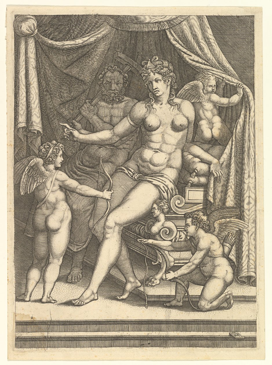 Venus und Vulkan auf einem Bett sitzend und drei Putti von Giorgio Ghisi