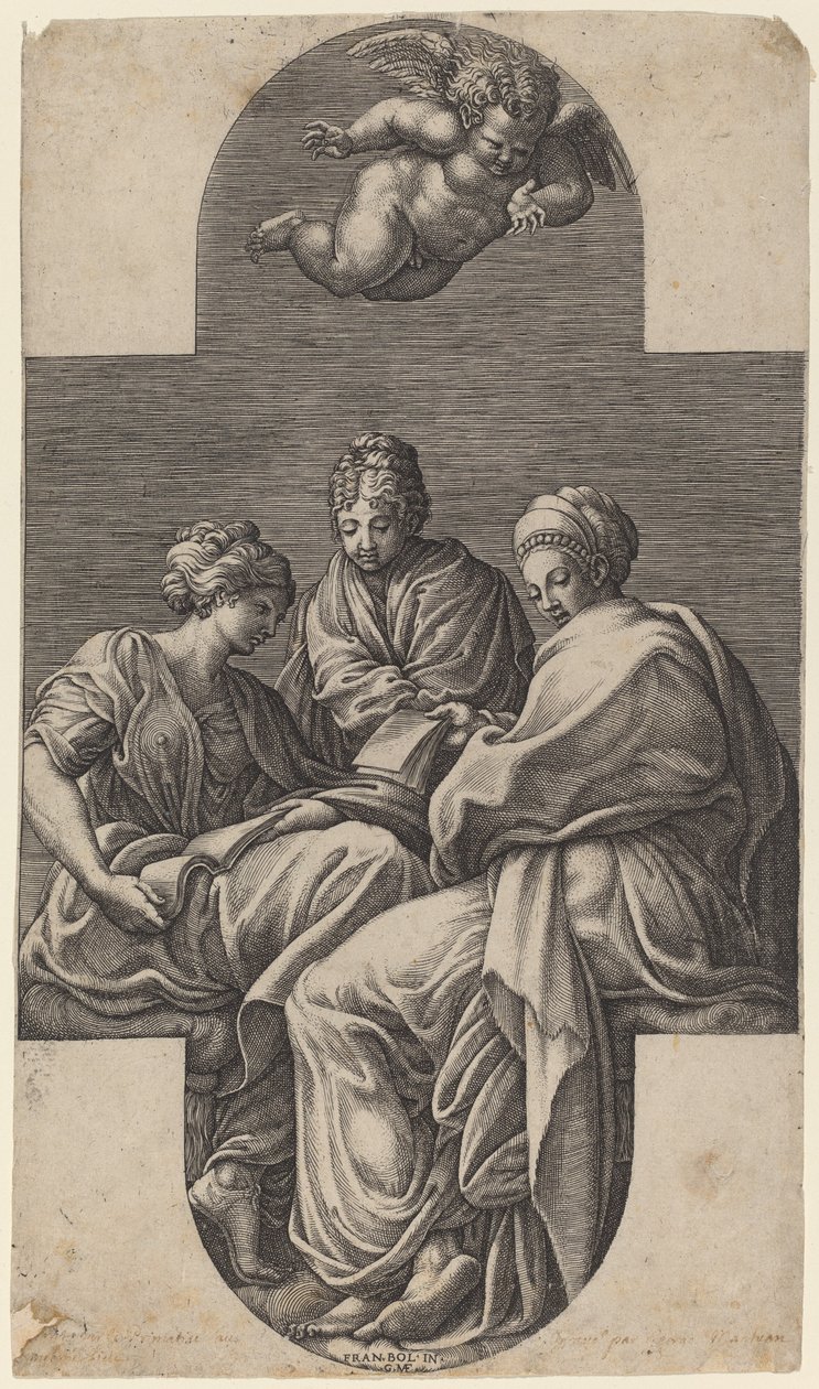 Drei Musen und ein gestikulierender Putto von Giorgio Ghisi after Francesco Primaticcio