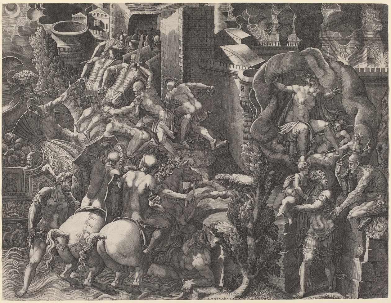 Der Fall von Troja und die Flucht des Aeneas von Giorgio Ghisi after Giovanni Battista Scultori