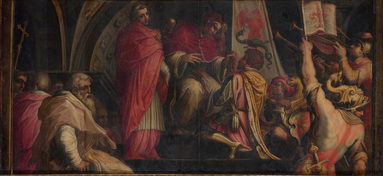 Papst Clemens IV. übergibt seine Insignien an die Kapitäne der Guelfenpartei, 1563-1565 von Giorgio Vasari