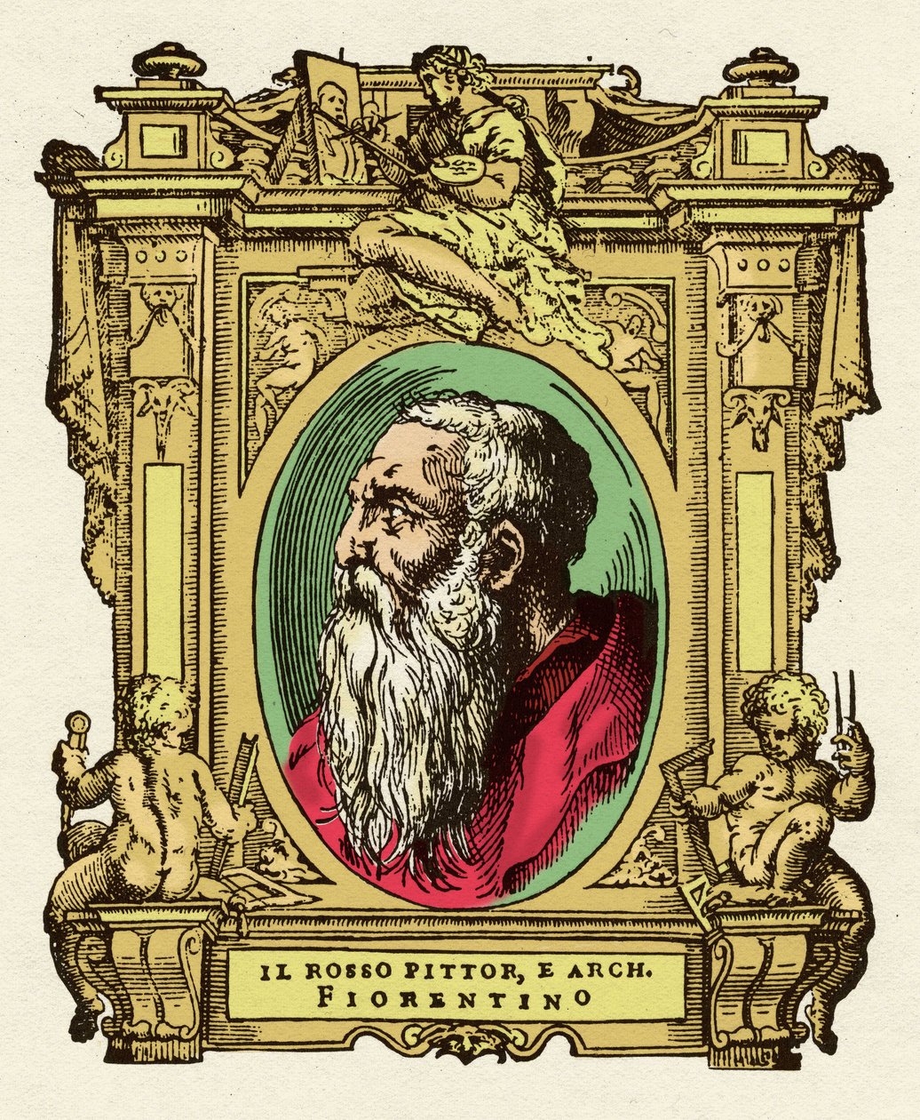 Porträt des Malers Giovanni Battista di Jacopo (Rosso Fiorentino) (1495-1540). Er war Mitglied der Ecole de Fontainebleau. Gravur aus dem Werk „Lives of the most excellent painters, sculptors and architects“ (Le Vite de