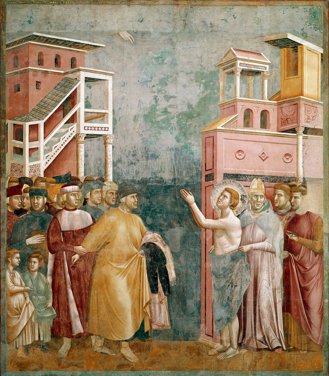 Der Verzicht auf Besitz. Der heilige Franziskus gibt seinem Vater die Kleider zurück. Gemälde von Giotto di Bondone von Giotto (c.1266 1337)