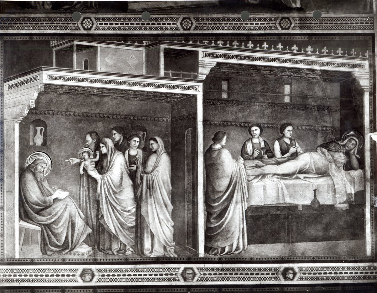 Die Geburt von Johannes dem Täufer und sein Vater Zacharias schreibt seinen Namen von Giotto di Bondone