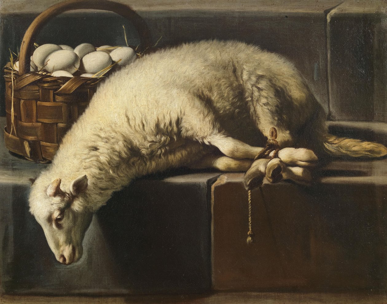 Ein gefesseltes Lamm neben einem Korb mit Eiern Allegorie auf Ostern, zweite Hälfte des 17. Jahrhunderts von Giovan Battista Recco