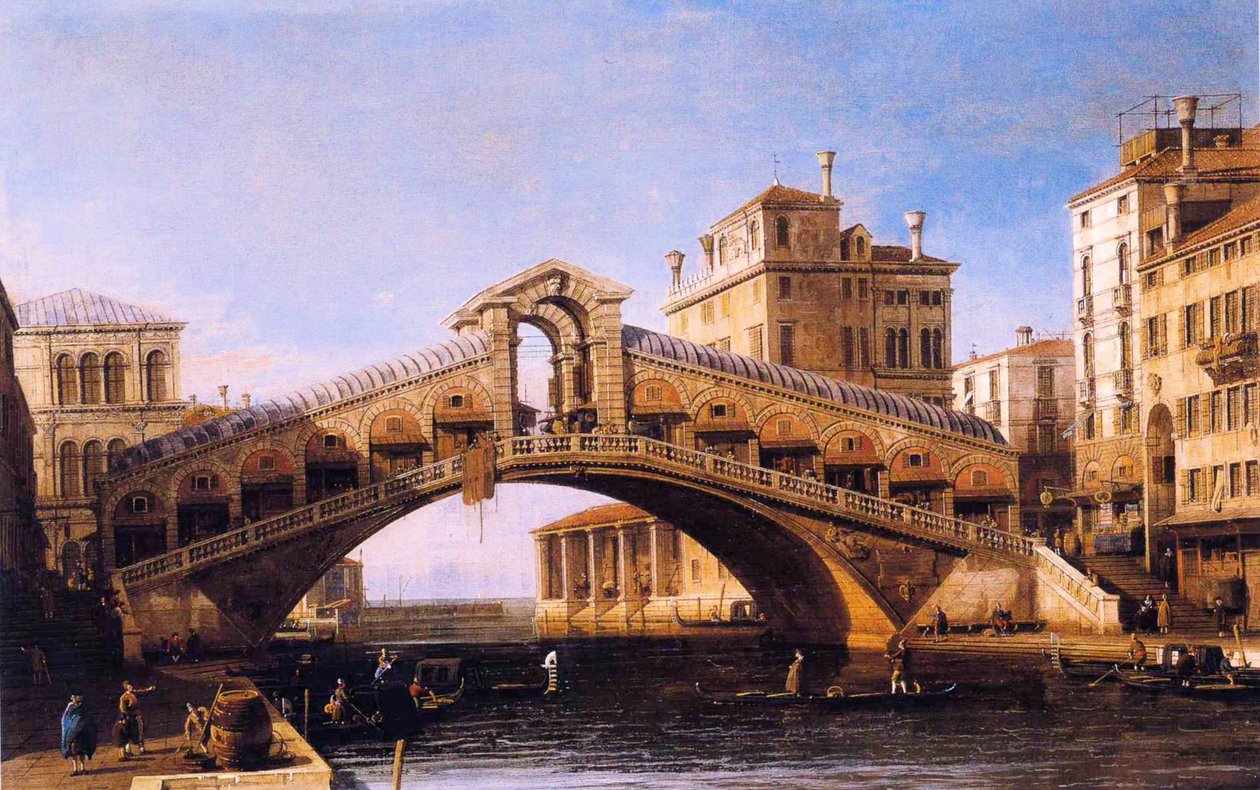 Capriccio der Rialto-Brücke mit der Lagune dahinter von Giovanni Antonio Canal