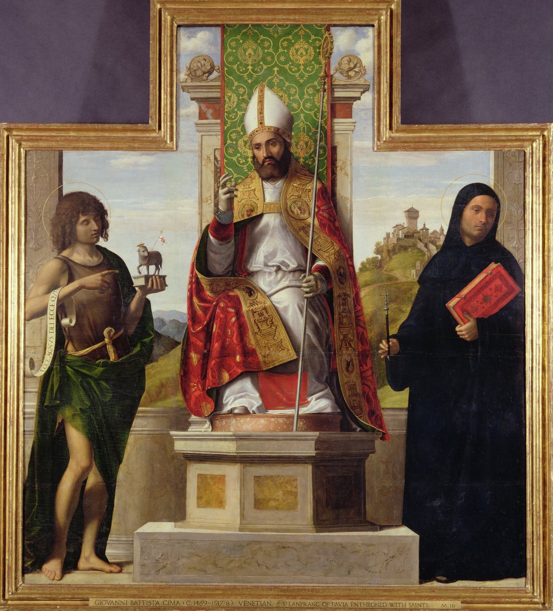 St. Lanfranc von Pavia thront zwischen St. Johannes dem Täufer und St. Liberius, ca. 1515-16 von Giovanni Battista Cima da Conegliano