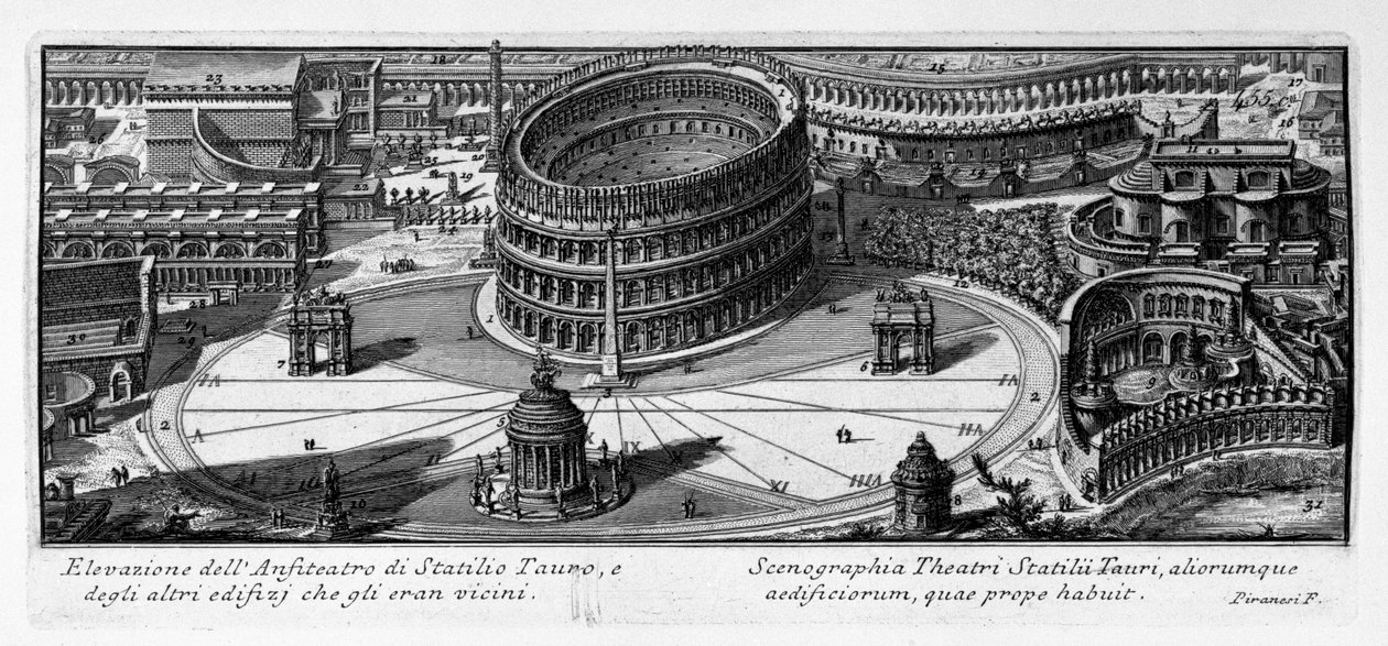 Erhebung des Amphitheaters von Statilius Taurus und der anderen Gebäude, die ihm nahe waren. Latein von Giovanni Battista Piranesi