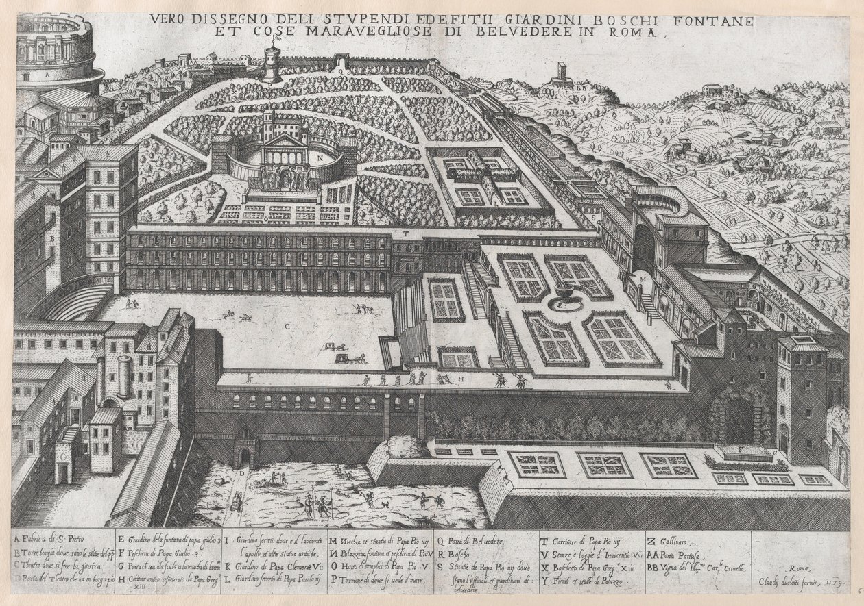 Speculum Romanae Magnificentiae: Luftansicht des Belvedere und seiner Gärten, 1579 von Giovanni Ambrogio Brambilla.