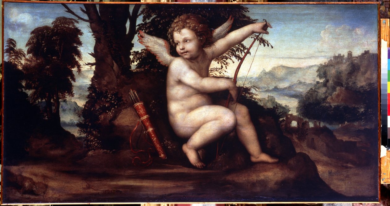 Landschaft mit Amor - Gemälde von Giovanni Antonio Bazzi, genannt Il Sodoma (1477-1549) - Öl auf Leinwand, 68 x 129 cm, um 1510 - Schule von Siena, italienische Renaissance - Eremitage, Sankt Petersburg von Giovanni Antonio Bazzi Sodoma