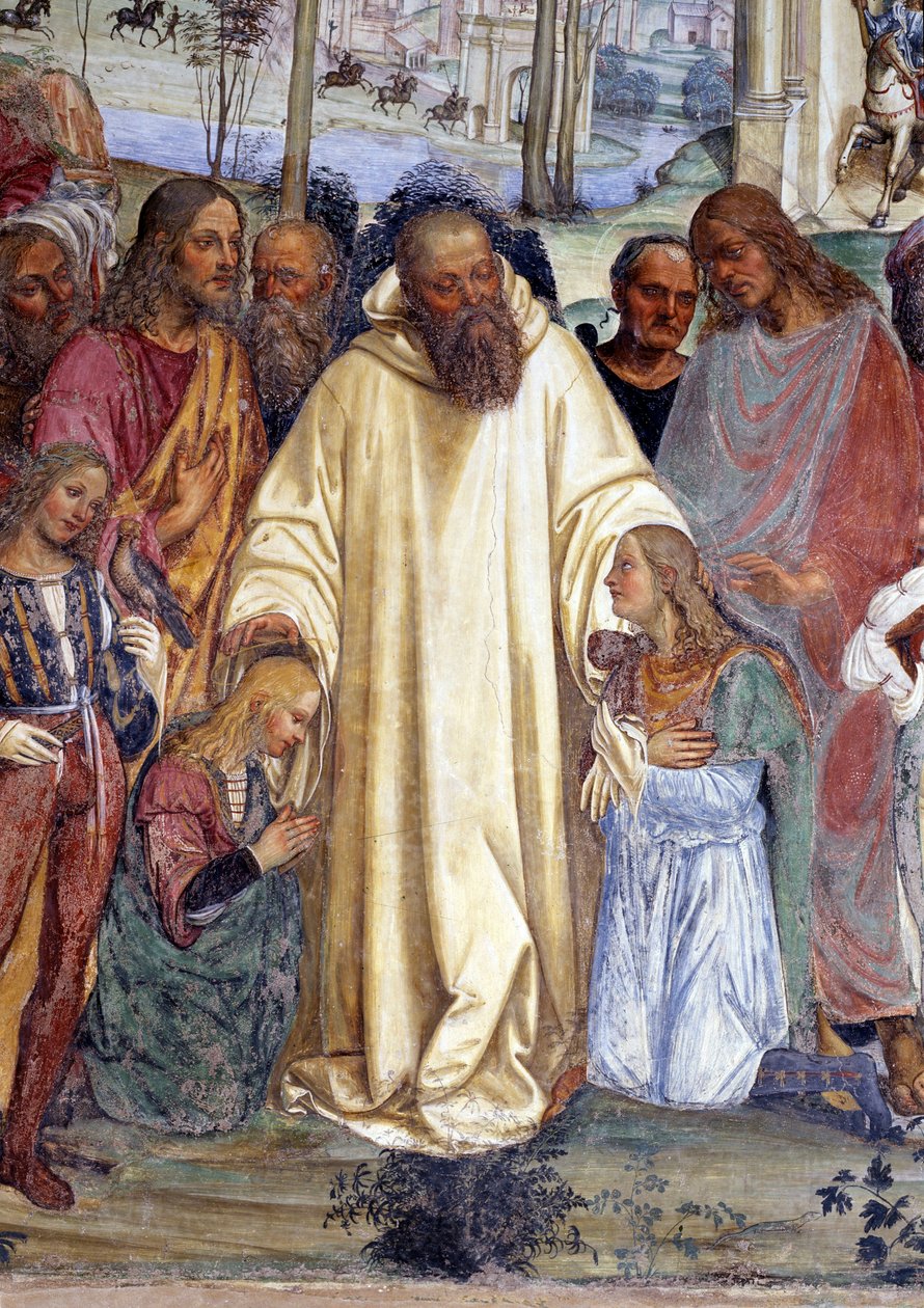 Wie Benedikt die beiden jungen Römer Maurus und Placid empfängt (Detail) Fresko des Kreuzgangs, realisiert von Antonio Bazzi genannt il Sodoma (1477 - 1549), das das Leben von Benedikt von Nursia (480 - 567) Gründer des Benediktinerordens erzählt von Giovanni Antonio Bazzi Sodoma