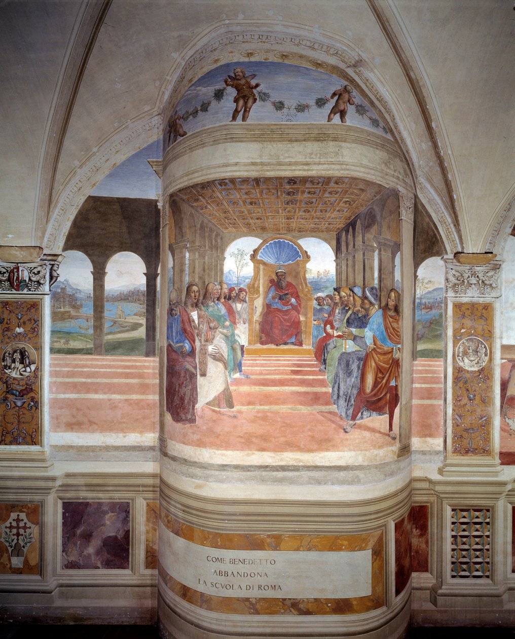 St. Benedikt verlässt die Schule von Rom, Fresko des Kreuzgangs von Antonio Bazzi genannt il Sodoma (1477 - 1549), das das Leben von St. Benedikt von Nursia (480 - 567) erzählt, Gründer des Benediktinerordens 1503 - 1508, Abtei von Monte Oliveto Maggiore von Giovanni Antonio Bazzi Sodoma