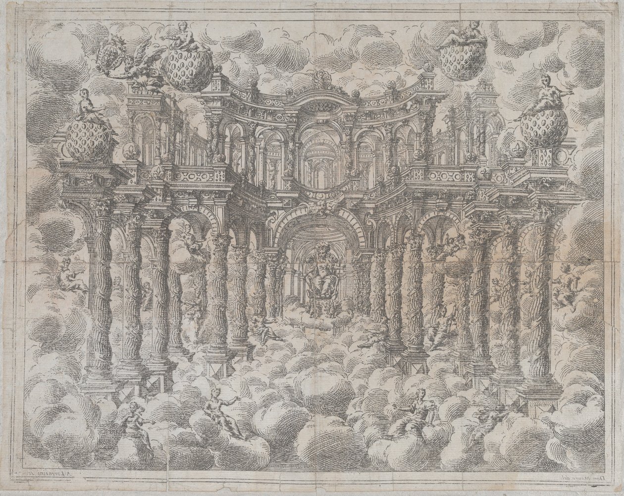 Bühnenbild mit allegorischen Figuren, die unter den Wolken sitzen, 1690 von Giovanni Antonio Lorenzini
