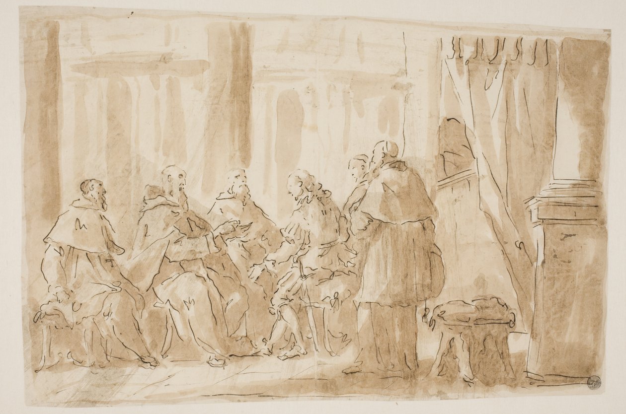Eine Gruppe von fünf Geistlichen spricht mit einem Laien von Giovanni Antonio Pellegrini