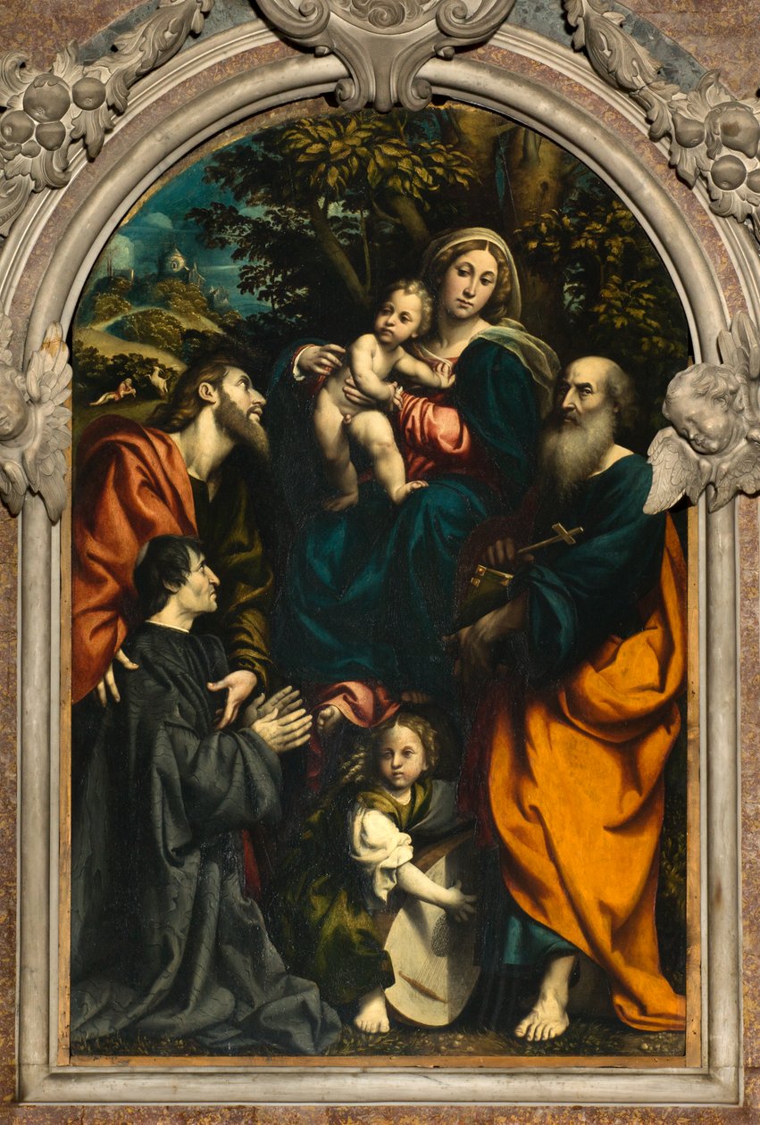 Altar der Heiligen Katharina, Madonna und Kind zwischen den Heiligen Philippus und Jakobus und dem Stifter Giacomo Schizzi von Giovanni Antonio Pordenone