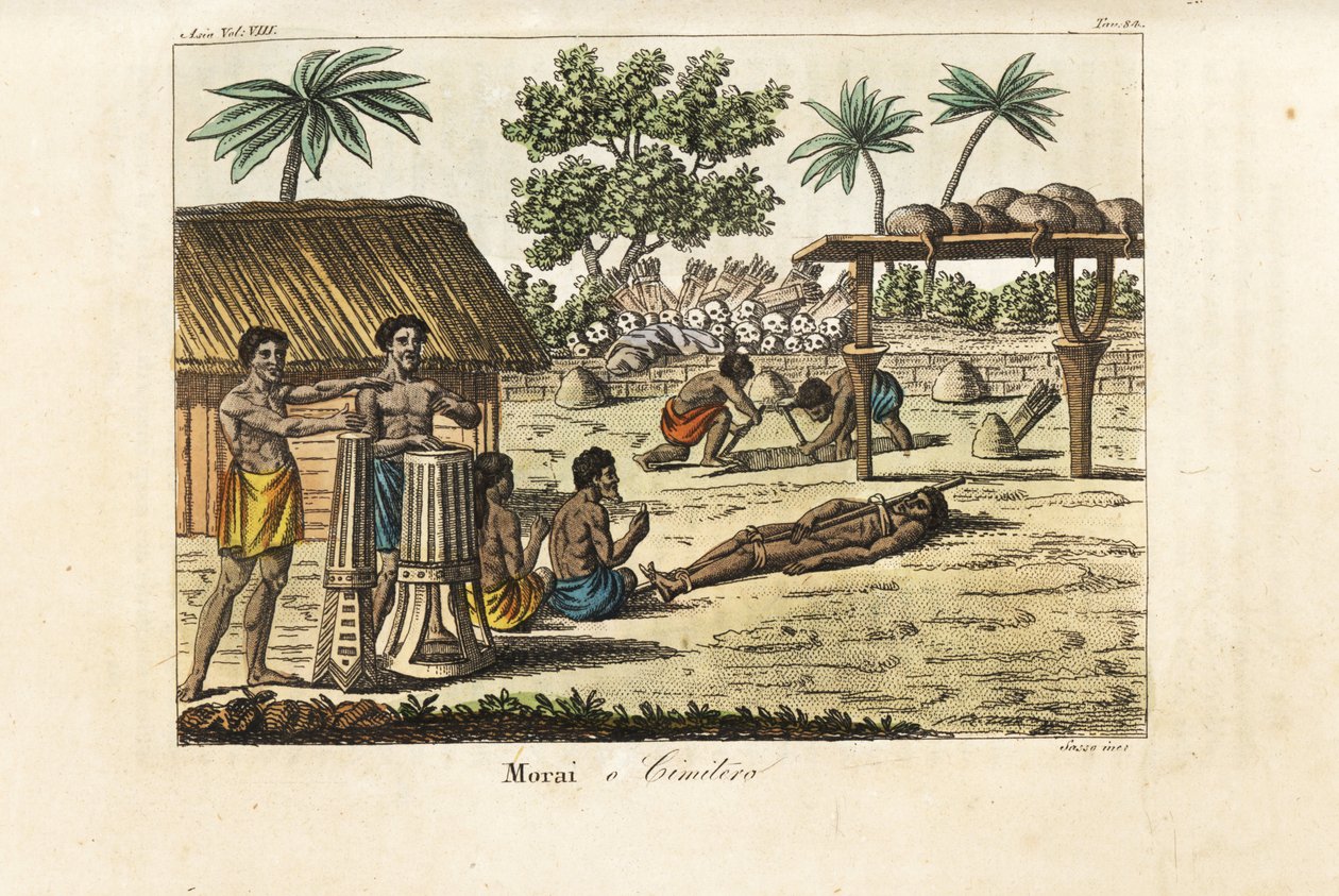 Menschenopfer in einem heiligen Marae (Morai) oder Friedhof, Tahiti von Giovanni Antonio Sasso