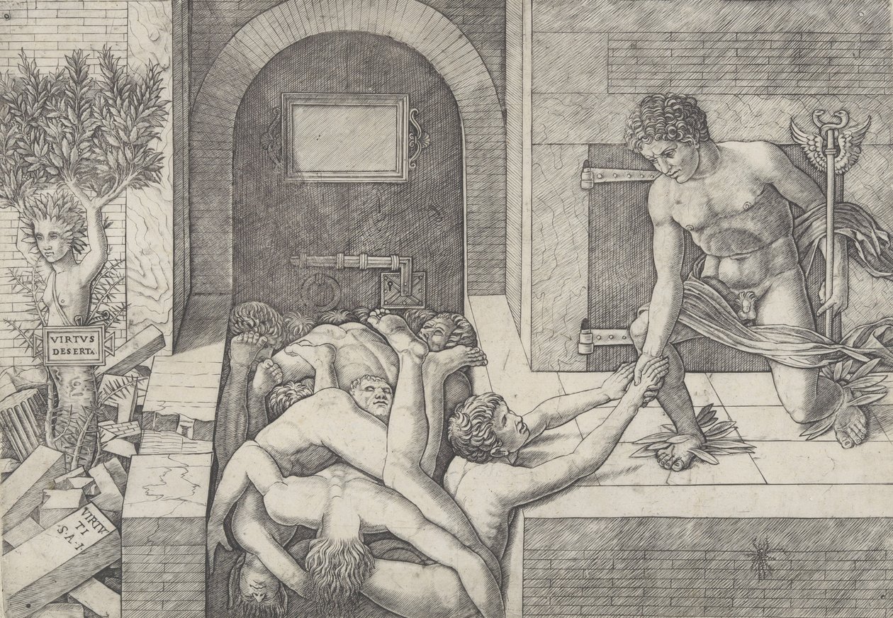 Unwissenheit und Merkur, eine Allegorie von Tugend und Laster, Merkur kniet rechts, ca. 1490-1525 von Giovanni Antonio da Brescia