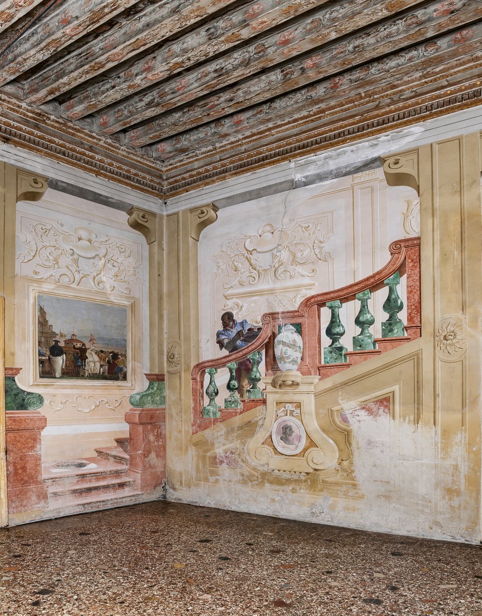 Gästeunterkünfte, das Zimmer der Karnevalsszenen: "Mohrendiener auf einer falschen Treppe" von Giovanni Battista Tiepolo