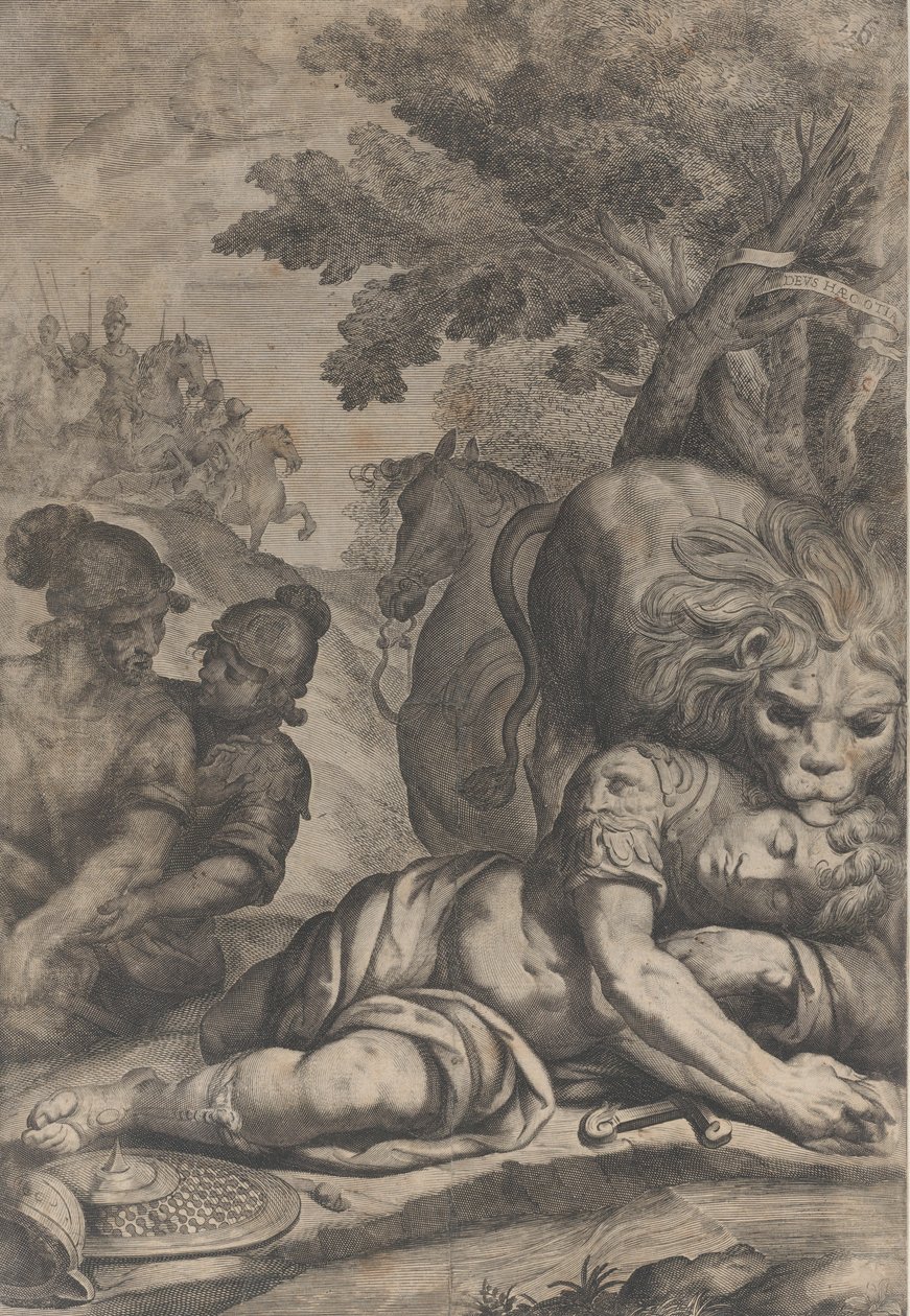 Ein Löwe auf einem gefallenen Reiter rechts, mit zwei anderen Soldaten links, 1640-70 von Giovanni Battista Bonacina