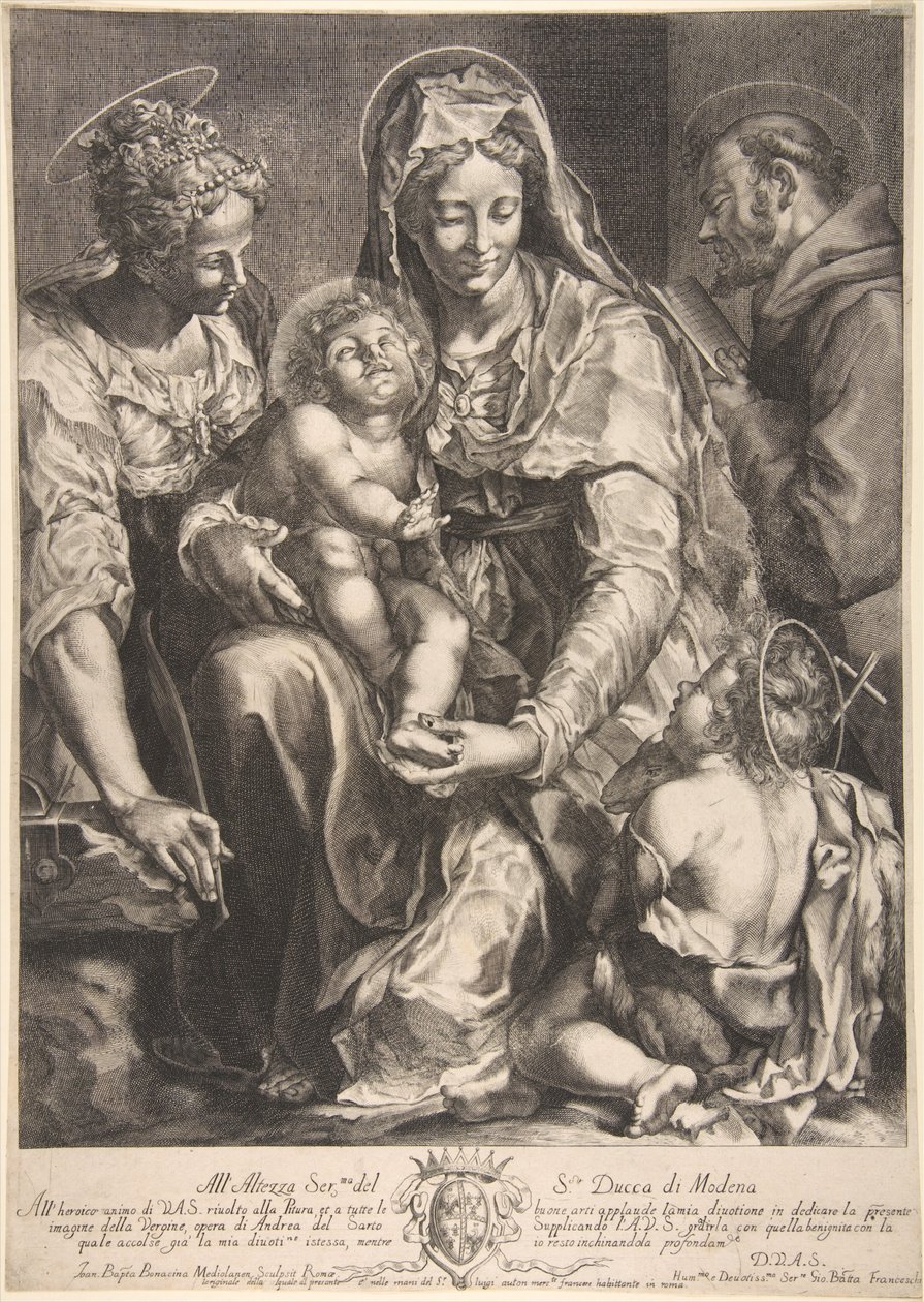 Jungfrau und Kind mit der Heiligen Katharina, Franz von Assisi und Johannes dem Täufer von Giovanni Battista Bonacina