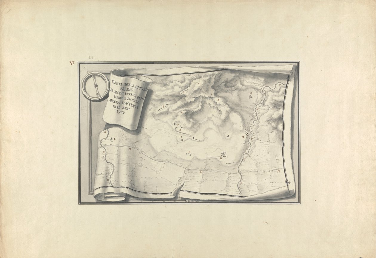 Plan der Ruinen von Sardis mit Überresten antiker Gebäude, die 1750 noch existierten von Giovanni Battista Borra