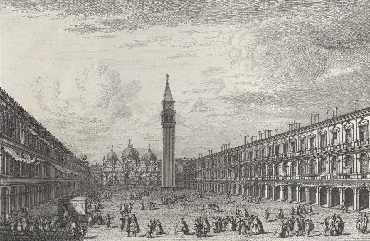 Piazza San Marco in Richtung Basilika und Campanile, 1763 von Giovanni Battista Brostoloni