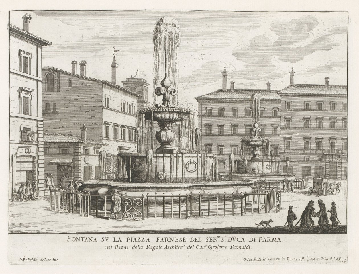 Brunnen auf der Piazza Farnese in Rom von Giovanni Battista Falda
