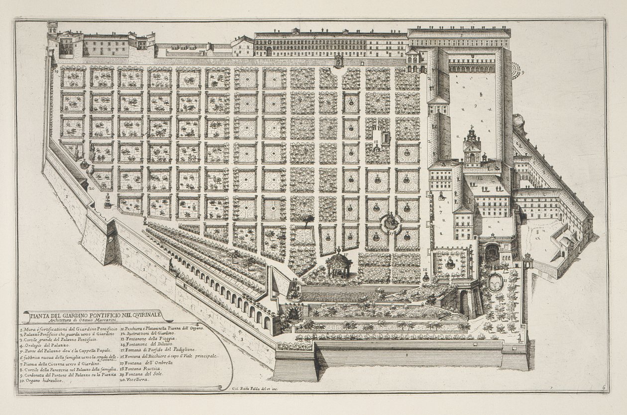 Päpstlicher Garten und Palast des Quirinal, aus Il Nuovo Teatro della Fabriche et Edifici in Prospettiva di Roma Moderna, veröffentlicht um 1665-69 von Giovanni Battista Falda