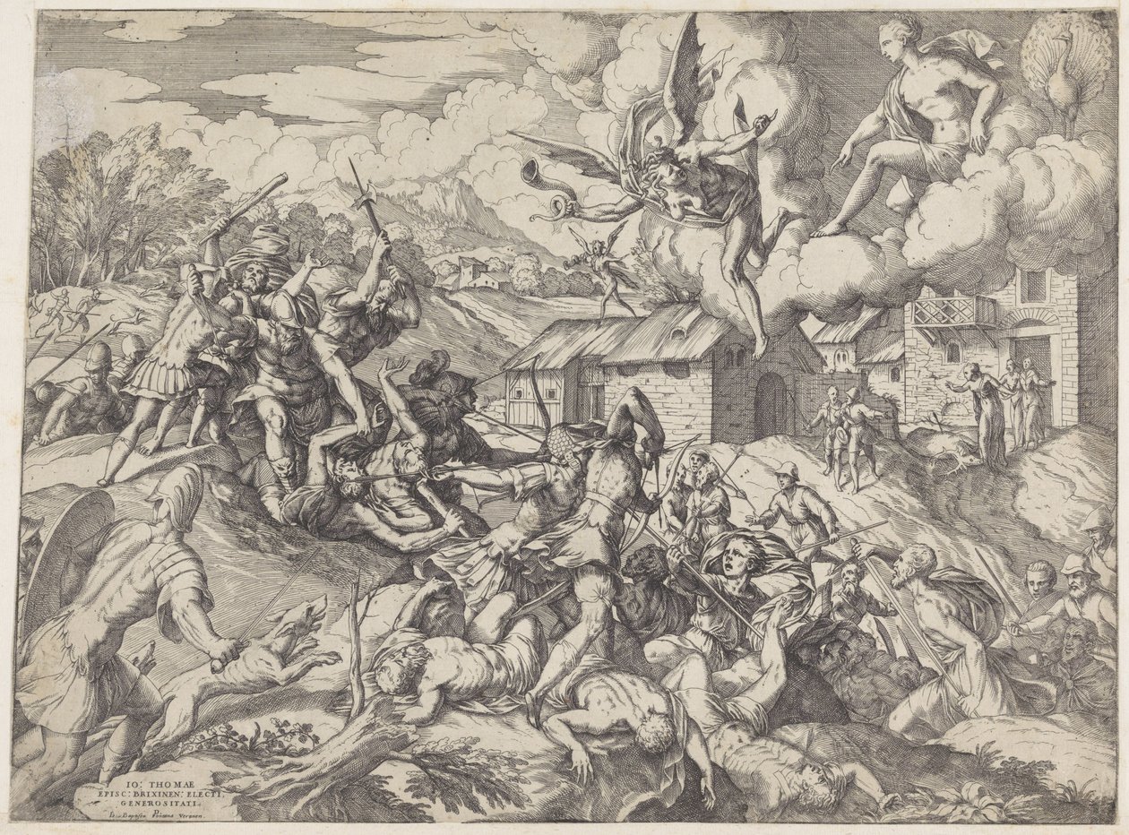 Soldaten von Aeneas kämpfen mit Dienern von König Latinus von Giovanni Battista Fontana
