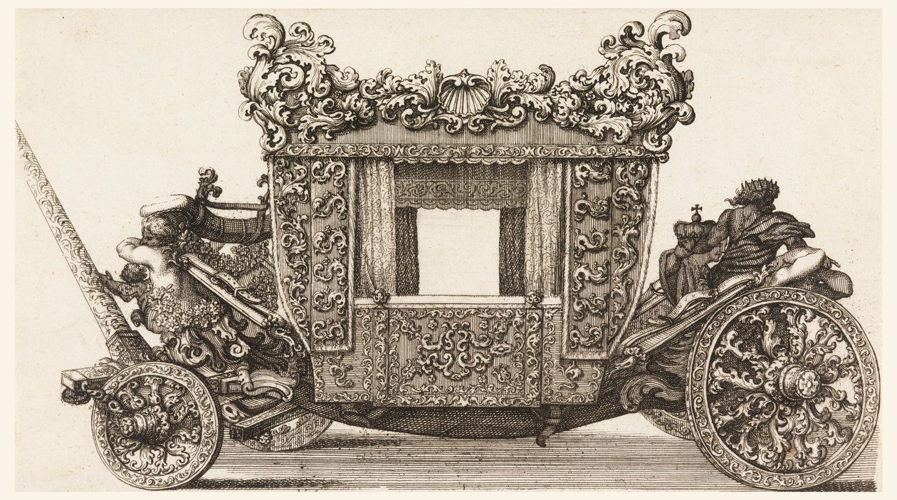 Seitenansicht der ersten Kutsche (1686) von Lord Castelmaine, gebaut 1686 von Andrea Cornely nach Ciro Ferri, 1687-1700 von Giovanni Battista Lenardi