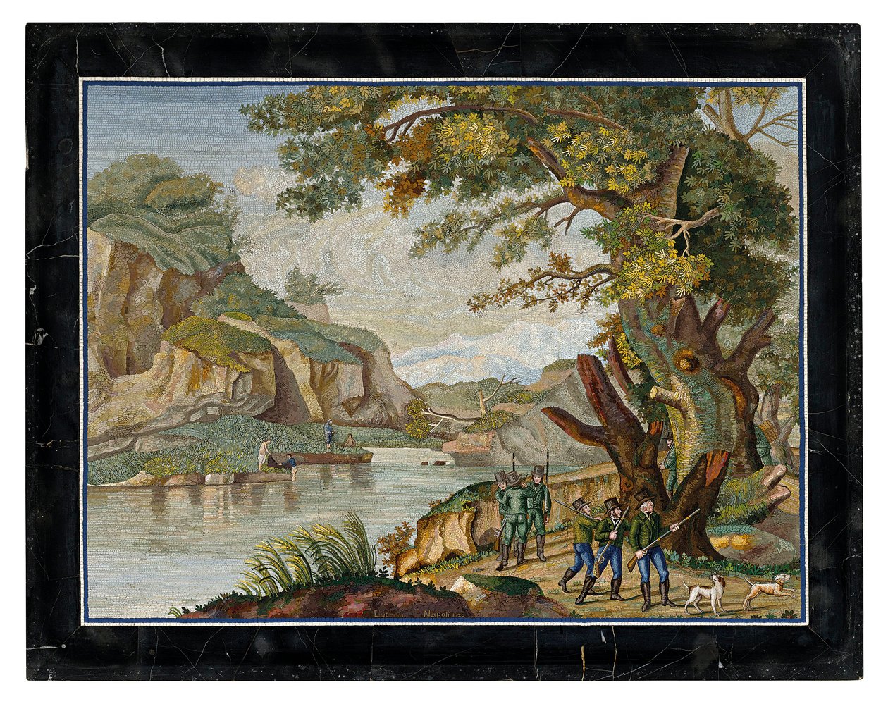 Ein italienisches Mikromosaikbild einer Jagdgesellschaft in einer Flusslandschaft von Giovanni Battista Luchini