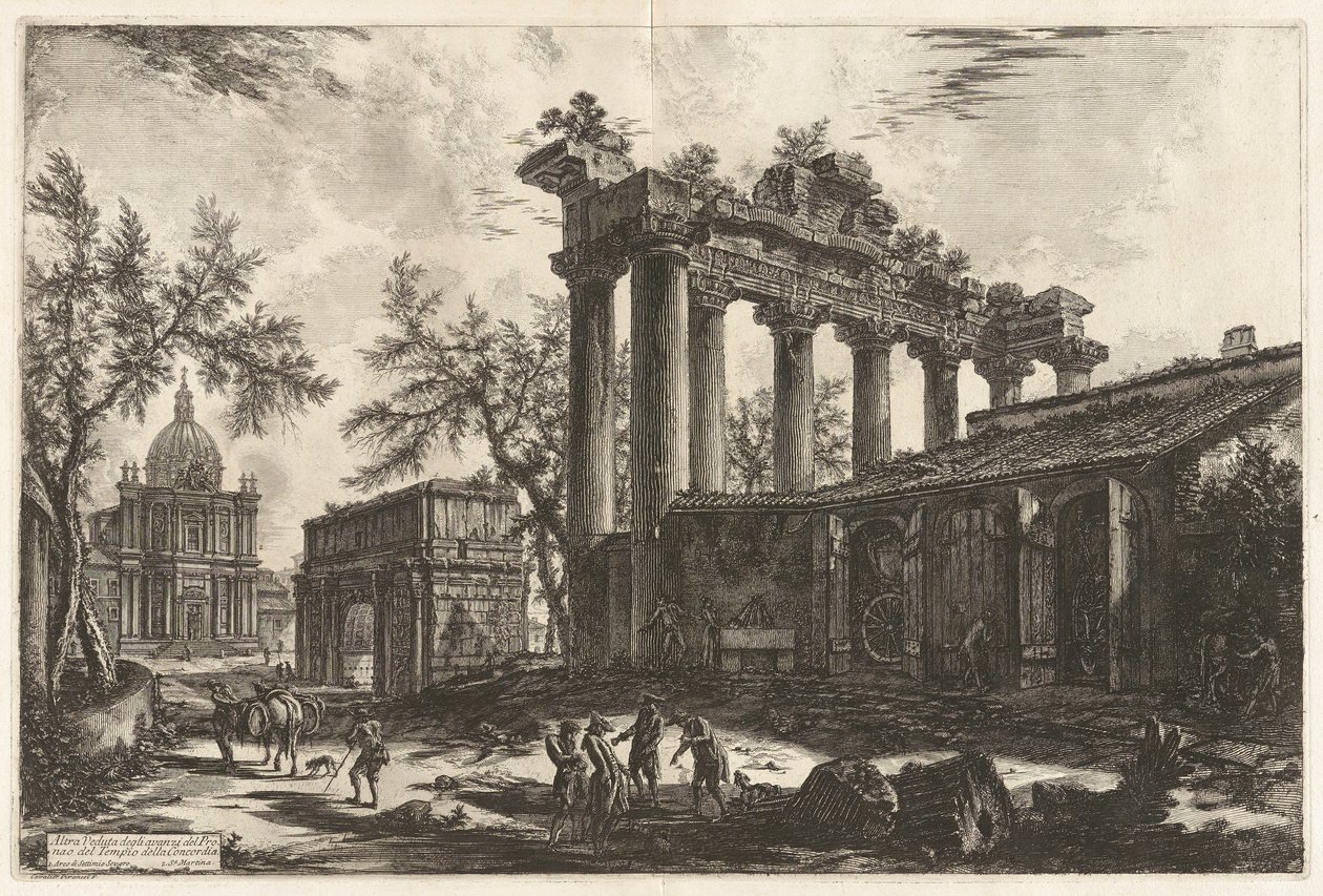 Altra Veduta degli avanzi del Pronao del Tempio del Concordia (Eine andere Ansicht der Überreste des Pronaos des Tempels der Concordia [des Tempels des Saturn mit dem Bogen des Septimius Severus im linken Hintergrund]), aus Vedute di Roma (Ansichten von Ro von Giovanni Battista Piranesi