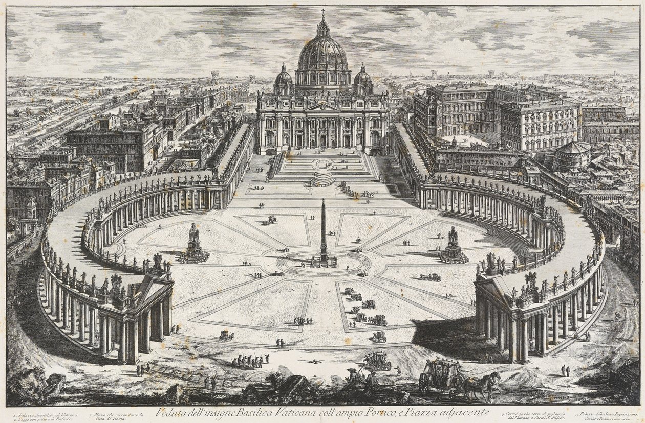 Ansicht der illustren vatikanischen Basilika mit weiter Portikus und angrenzendem Vorplatz von Giovanni Battista Piranesi