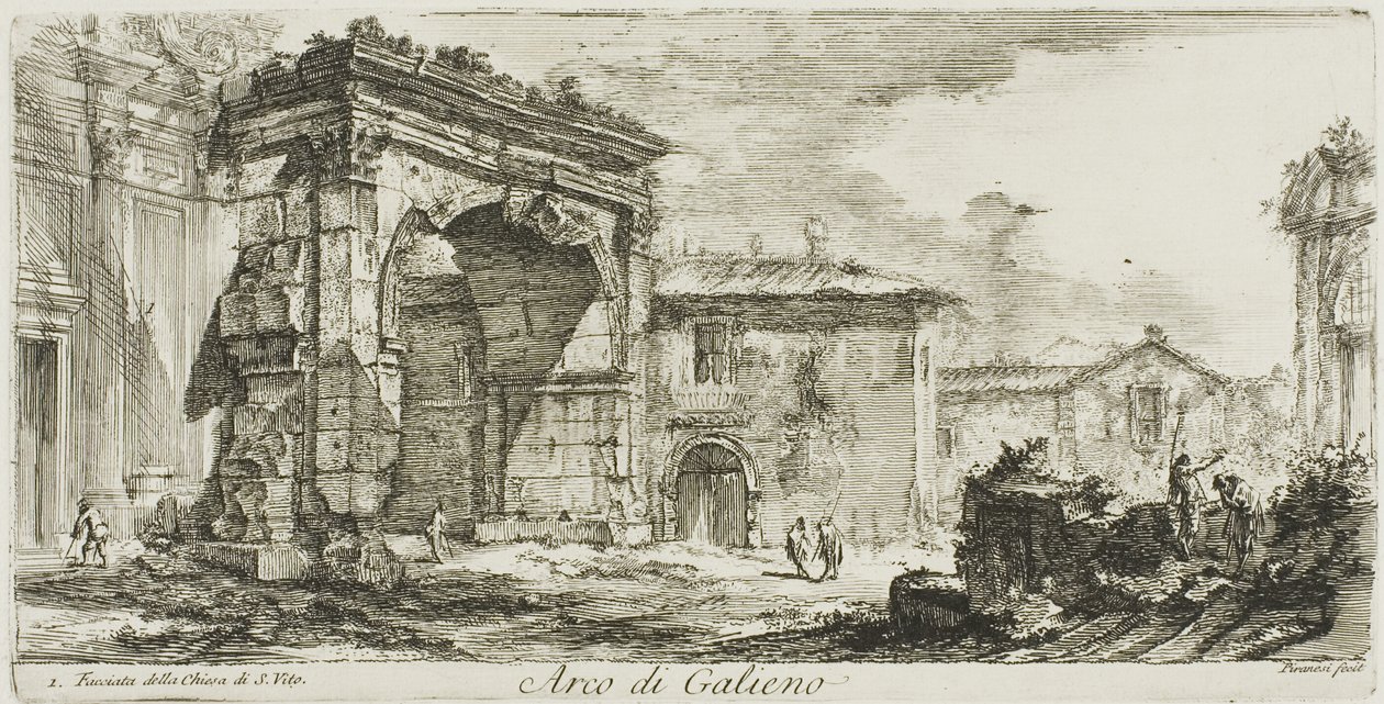 Bogen von Galienus. I. Fassade der Kirche von S. Vito, Tafel 29 aus Einige Ansichten von Triumphbögen und anderen Denkmälern von Giovanni Battista Piranesi