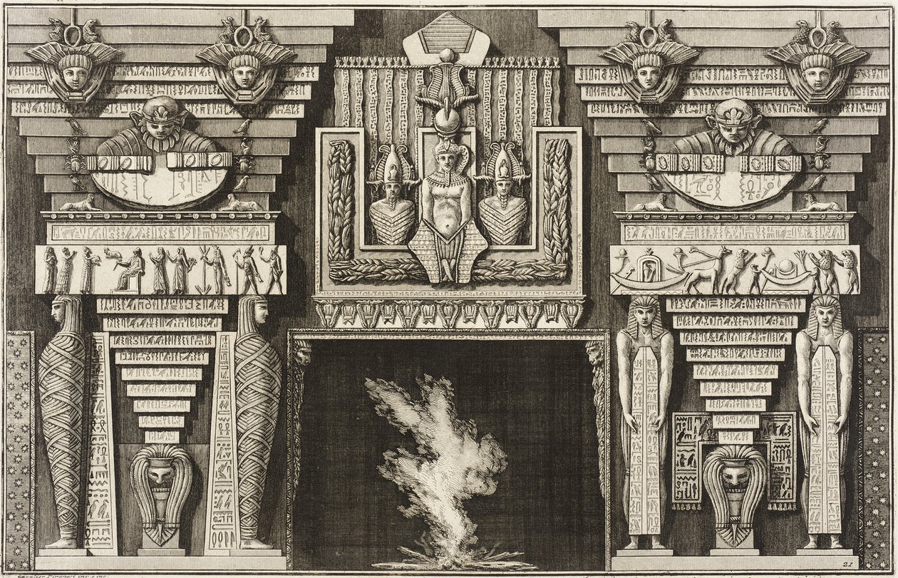 Kaminaufsatz im ägyptischen Stil: links zwei Mumien im Profil und rechts zwei Figuren, die Obelisken tragen. von Giovanni Battista Piranesi