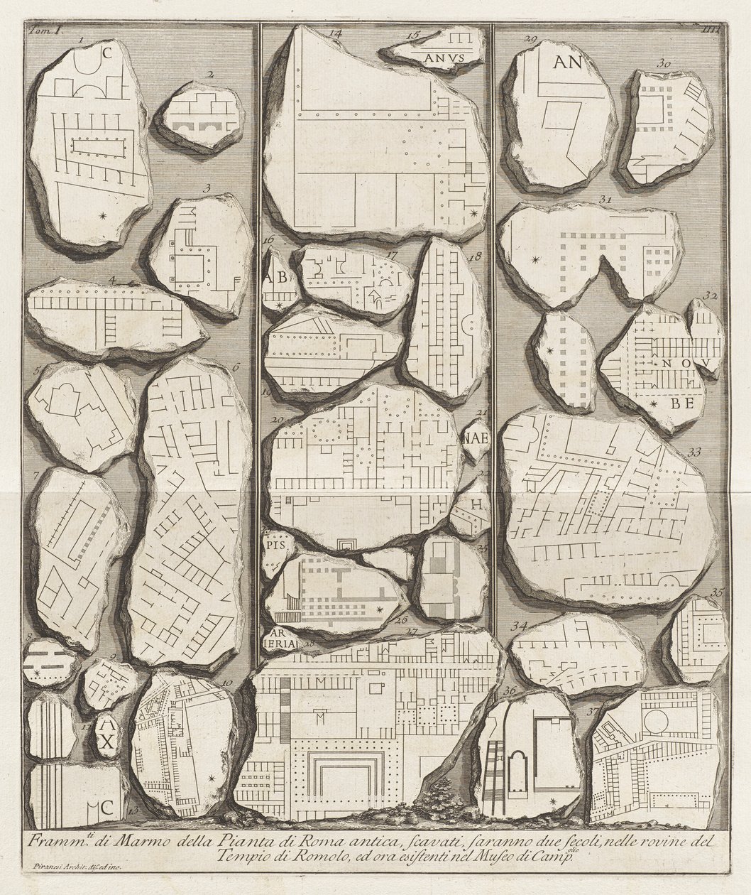 Frammenti di marmo della pianta di Roma antica (Marmorfragmente des antiken Roms) von Giovanni Battista Piranesi