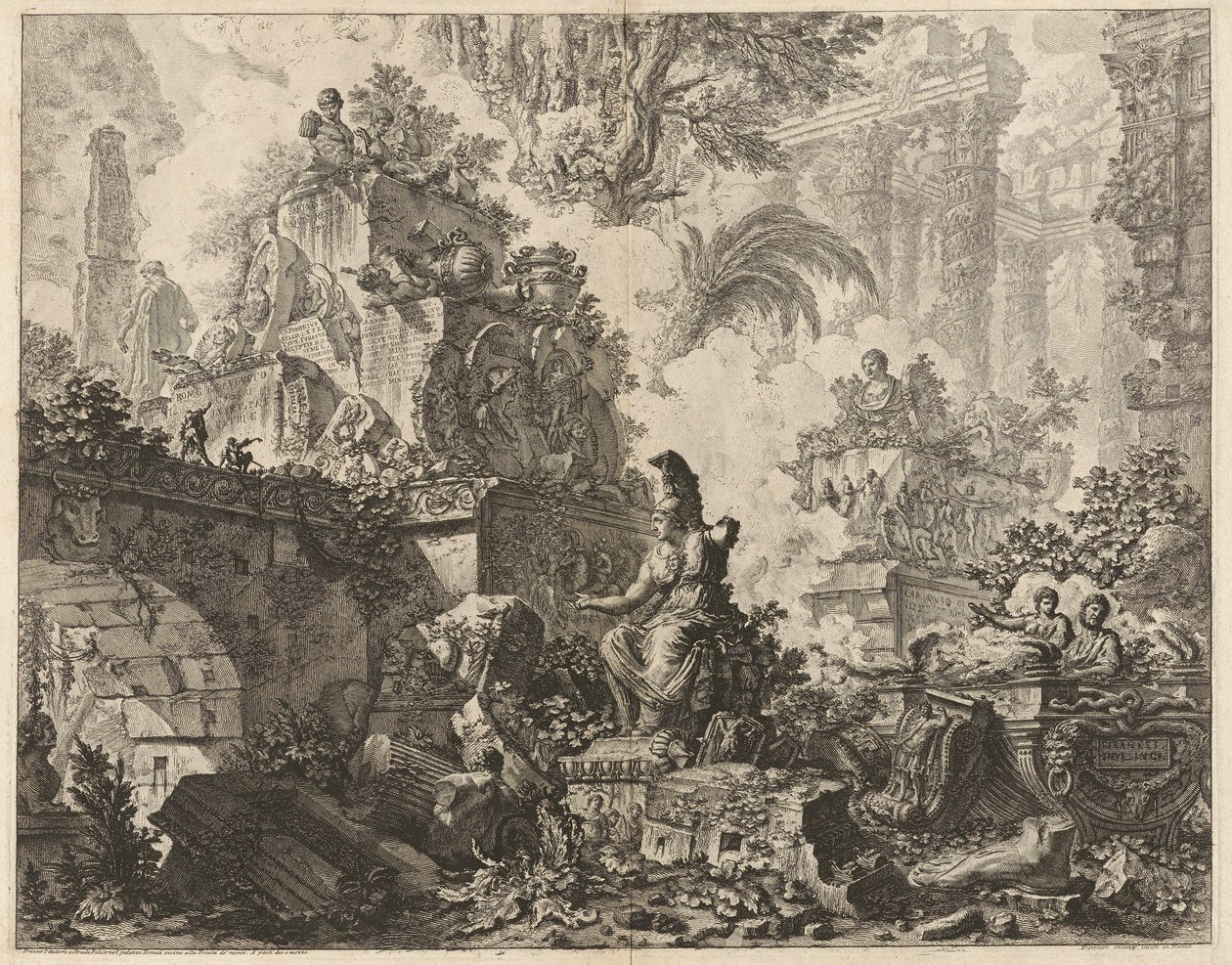 Frontispiz, Fantasie von Ruinen mit einer Statue der Minerva im Vordergrund, aus Vedute di Roma (Ansichten von Rom) von Giovanni Battista Piranesi
