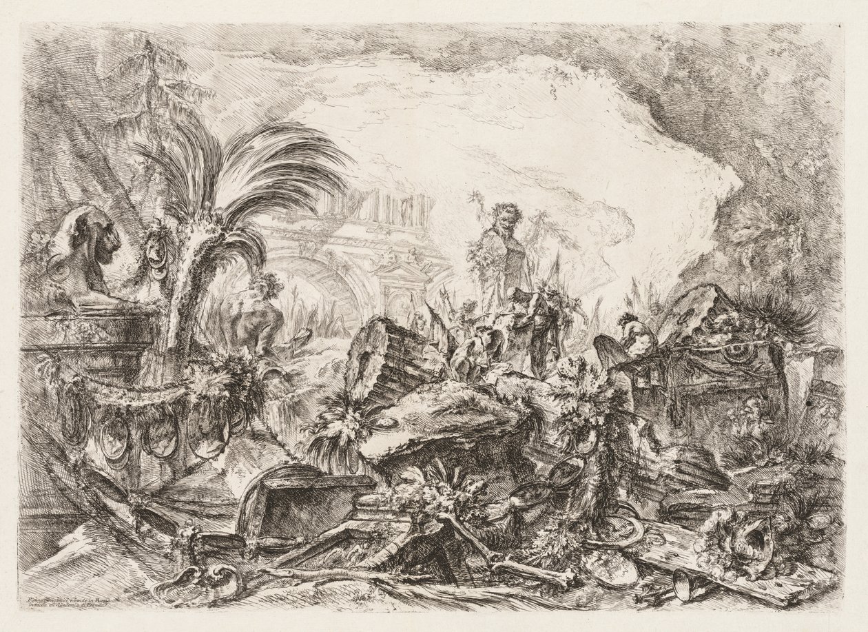 Groteschi: Ruinen mit einer Statue eines Fauns und einer gefallenen Säule, ca. 1745-50 von Giovanni Battista Piranesi