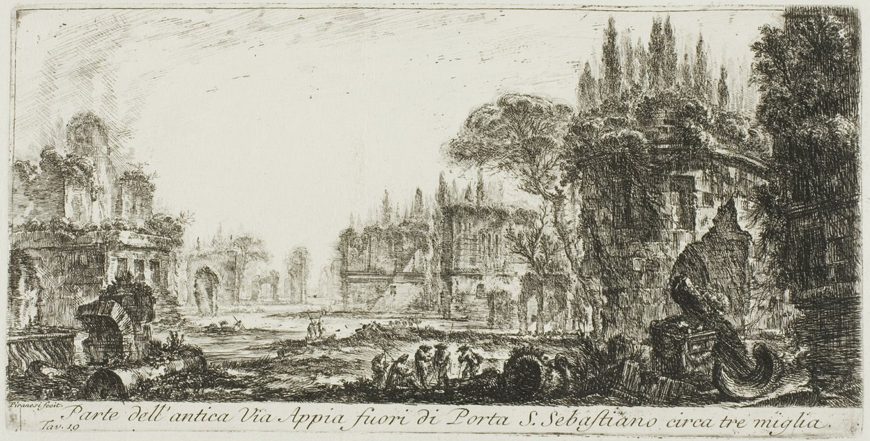 Teil der antiken Via Appia etwa drei Meilen außerhalb von Porta S. Sebastiano, Tafel 19 aus Einige Ansichten von Triumphbögen und anderen Denkmälern von Giovanni Battista Piranesi