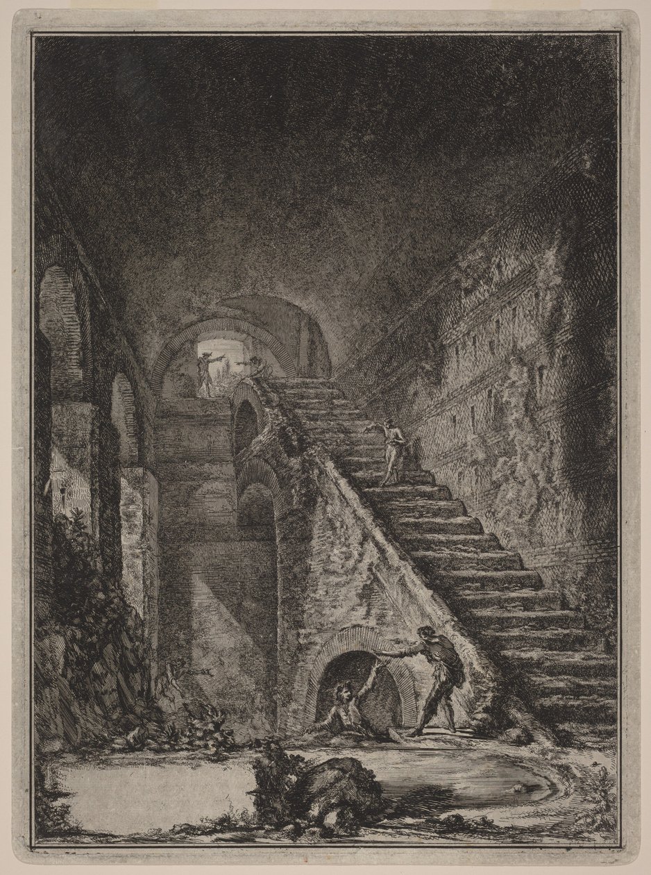 Perspektive der Wasserspeicher-Treppe der bereits erwähnten Unterkünfte, angedeutet im Plan in Tafel XIII mit dem Buchstaben G. von Giovanni Battista Piranesi
