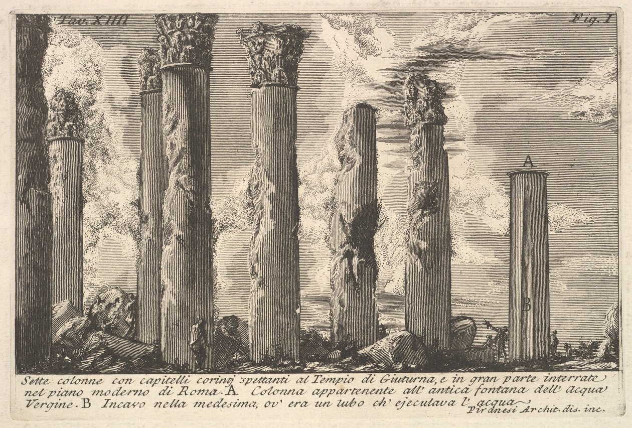 Sieben Säulen des Tempels von Juturna mit korinthischen Kapitellen..., 18. Jahrhundert von Giovanni Battista Piranesi