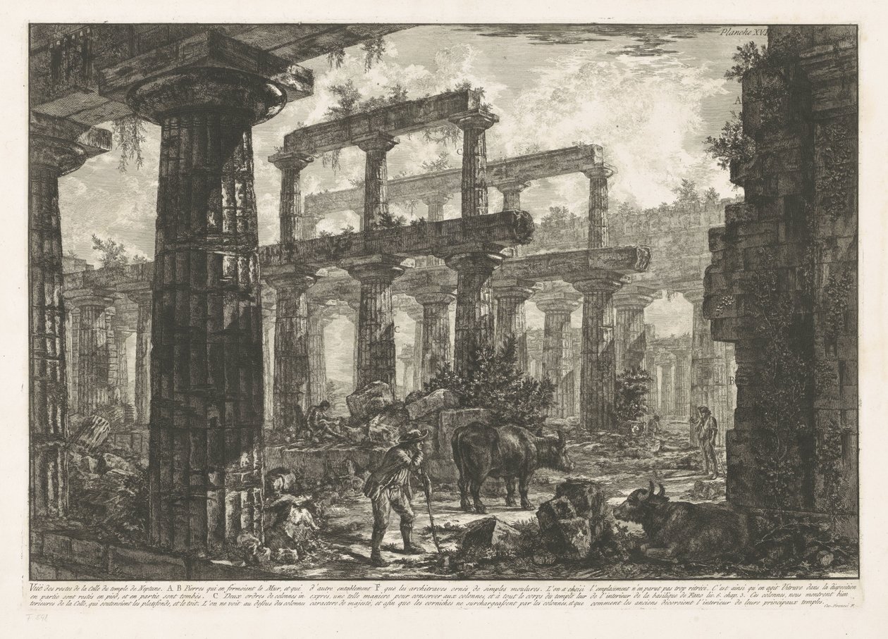 Tempel des Neptun in Paestum (Verschiedene Ansichten der Überreste von drei großen Gebäuden, die noch in Paestum stehen) von Giovanni Battista Piranesi